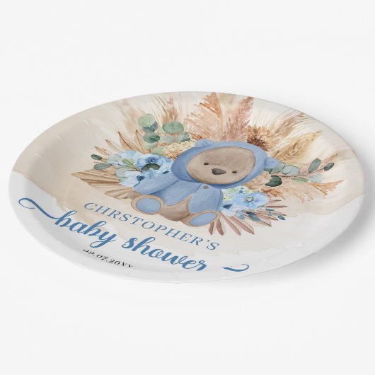 Boho Boy teddy beer pampas gras blauw baby shower Papieren Bordje (Gekanteld)