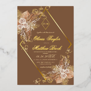 Boho Brand Oranje Diamant Gouden Bruiloft Folie Uitnodiging