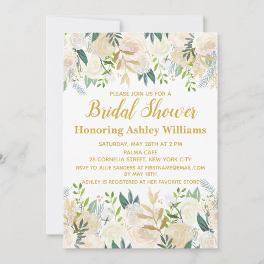 Boho Bridal Shower Invitations White Gold Greenery Kaart (Voorkant)
