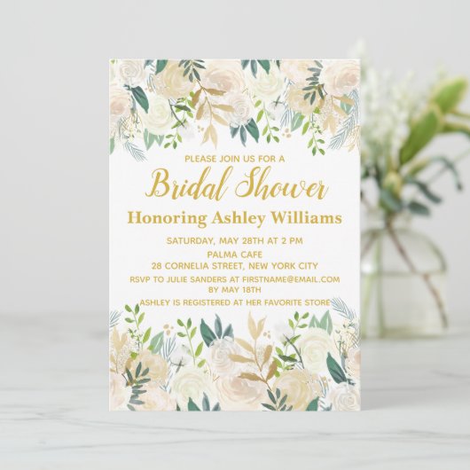 Boho Bridal Shower Invitations White Gold Greenery Kaart (Staand voorkant)