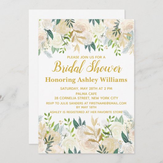 Boho Bridal Shower Invitations White Gold Greenery Kaart (Voorkant / Achterkant)