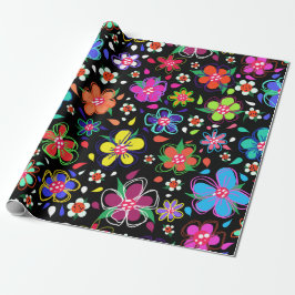 Boho Bright Flowers op Black Any Occasion Cadeaupapier