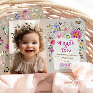 Boho Bright Flowers Wild One Birthday Foto Bedankkaart
