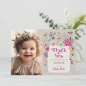 Boho Bright Flowers Wild One Birthday Foto Bedankkaart (Staand voorkant)