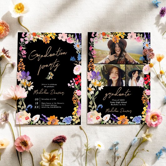 Boho Bright Wildflower Black Photo Graduation Kaart