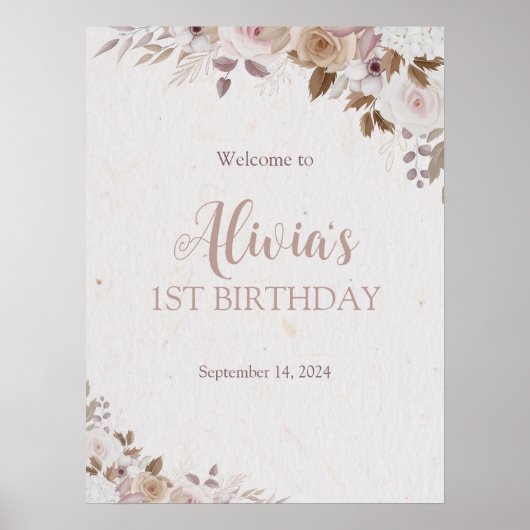 Boho Brown Bloemen Verjaardag Poster (Voorkant)