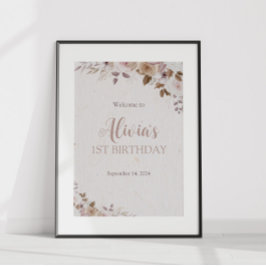 Boho Brown Bloemen Verjaardag Poster