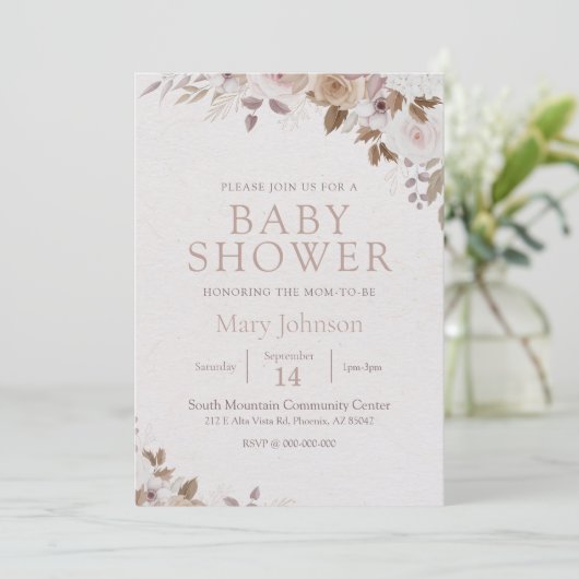 Boho Brown Floral Baby shower Kaart (Staand voorkant)