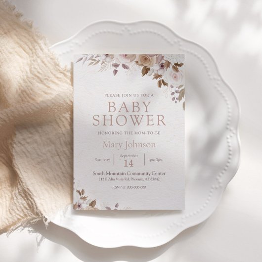 Boho Brown Floral Baby shower Kaart