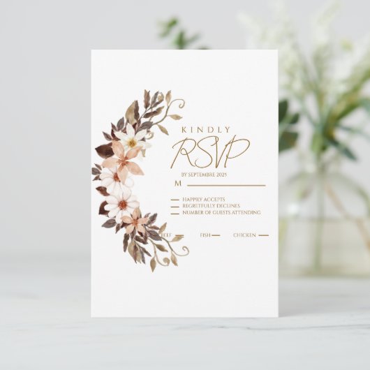 Boho Brown Floral  RSVP Kaartje (Staand voorkant)