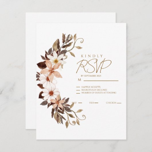 Boho Brown Floral  RSVP Kaartje (Voorkant / Achterkant)