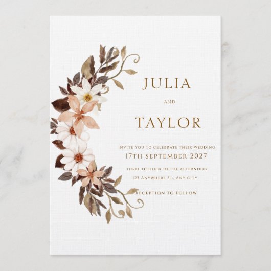 Boho Brown Floral Wedding Invitation Kaart (Voorkant)