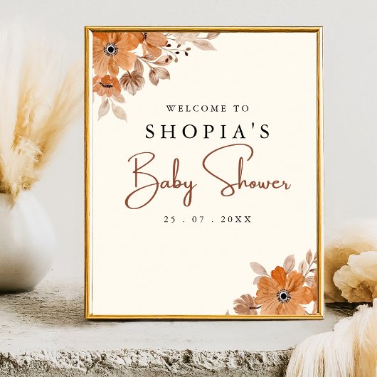 Boho Brown Flowers Baby Shower  Poster