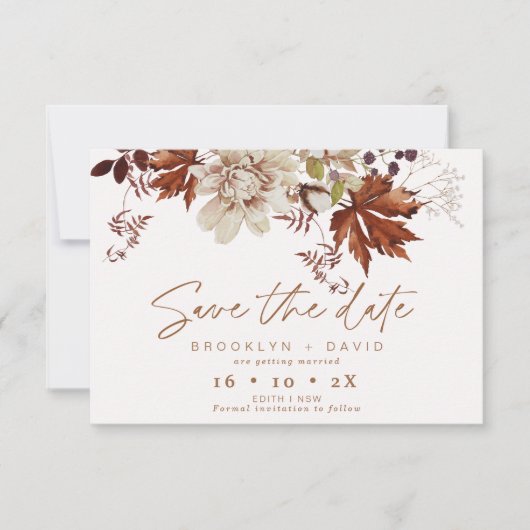 Boho Brown Herfst Floral Wedding Save the Date Kaa Kaart (Voorkant)