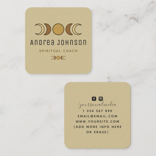 Boho Brown Moon Phases Lunar Spirituele Coach Beig Vierkante Visitekaartje (Voorkant / Achterkant)