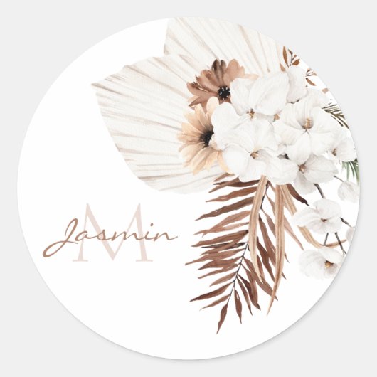Boho Brown Pampas Grass White Orchids Monogram Ronde Sticker (Voorkant)