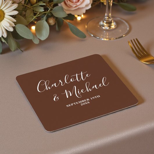 Boho Brown Script Minimalist Wedding Kartonnen Onderzetters