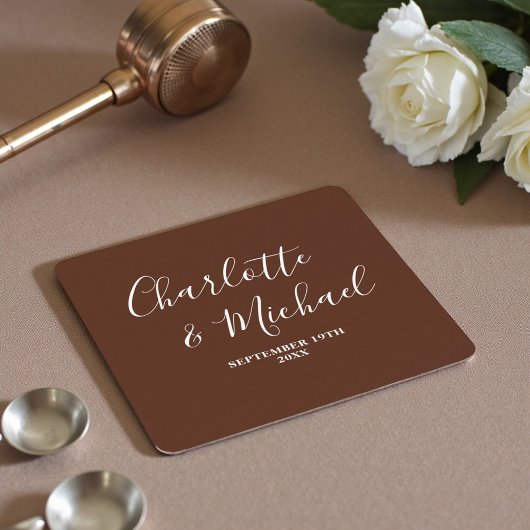 Boho Brown Script Minimalist Wedding Kartonnen Onderzetters
