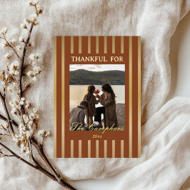 Boho Brown Stripes Thanksgiving Family Photo Gold Folie Feestdagenkaart