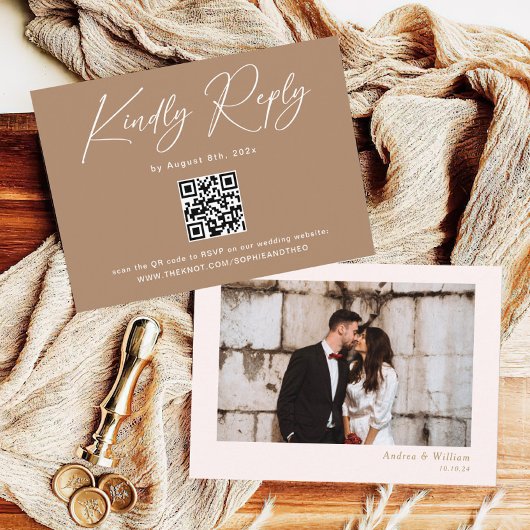 Boho Brown Taupe Bruiloft RSVP QR Code Informatiekaartje