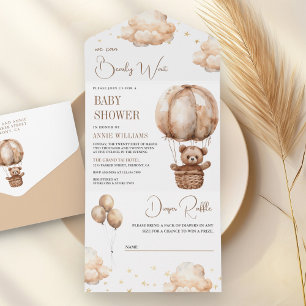 Boho Brown Teddy Bear Hete Luchtballon Baby shower All In One Uitnodiging