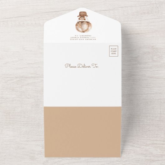 Boho Brown Teddy Bear Hete Luchtballon Baby shower All In One Uitnodiging (Buitenkant)