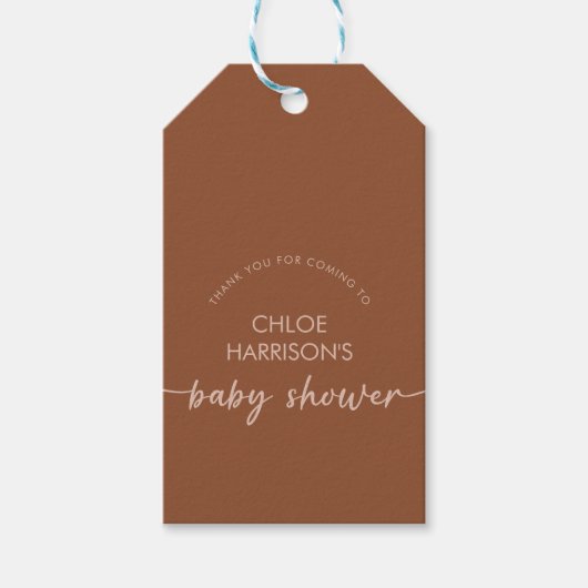 Boho Brown Terracotta Beige Script Baby shower Cadeaulabel (Voorkant)