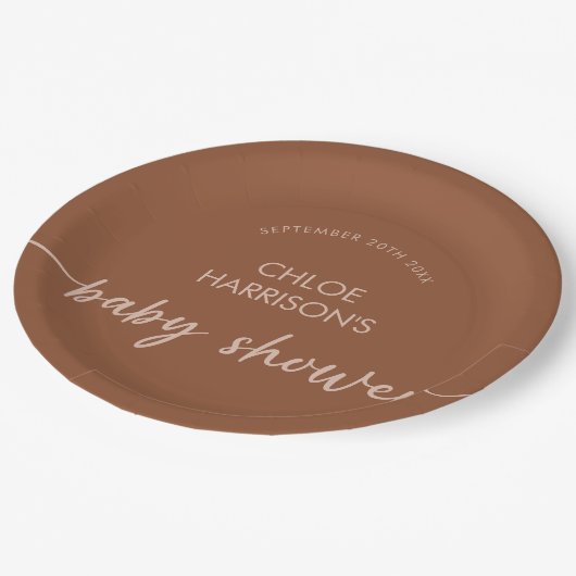 Boho Brown Terracotta Beige Script Baby shower Papieren Bordje (Gekanteld)