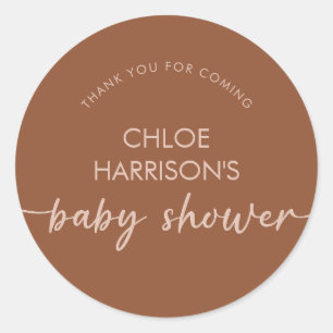 Boho Brown Terracotta Beige Script Baby shower Ronde Sticker
