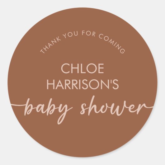 Boho Brown Terracotta Beige Script Baby shower Ronde Sticker (Voorkant)