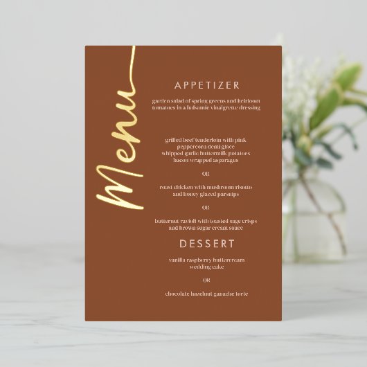 Boho Brown Terracotta Goudfolie Script Menu Kaart (Staand Voorkant)