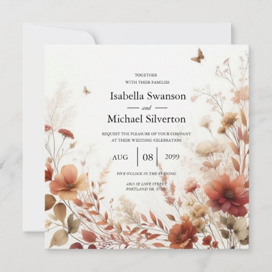 Boho Browns with Butterflies Floral Wedding Kaart (Voorkant)