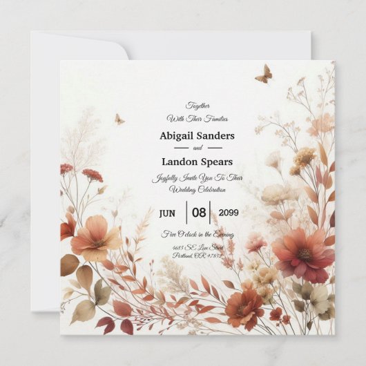 Boho Browns with Butterflies Floral Wedding Kaart (Voorkant)