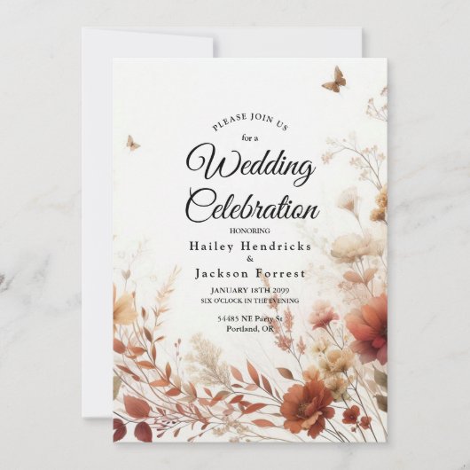 Boho Browns with Butterflies Floral Wedding Kaart (Voorkant)