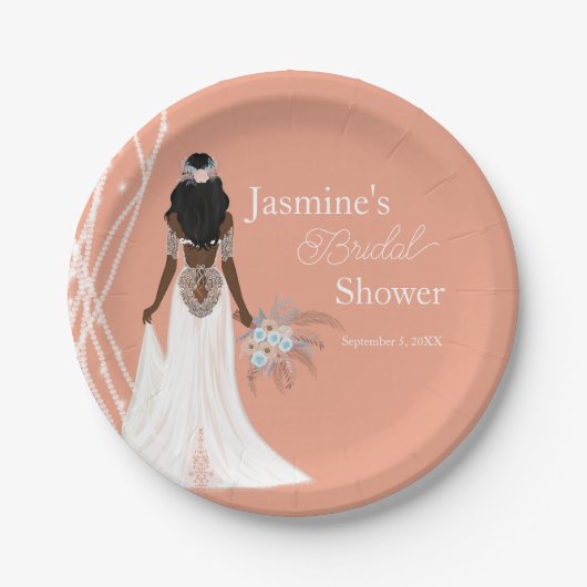 Boho Bruid Met Parels En Bloemen Bruidsjurk Papieren Bordje (Voorkant)