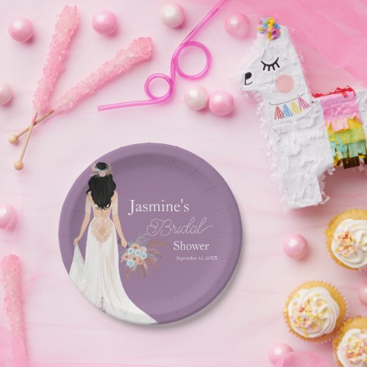 Boho Bruid Met Zwarte Haren En Bloemen Papieren Bordje (Feest)