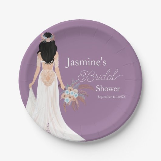 Boho Bruid Met Zwarte Haren En Bloemen Papieren Bordje (Voorkant)