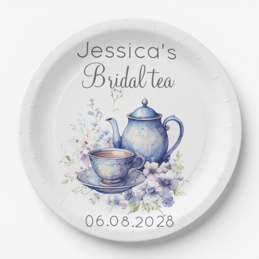 Boho Bruids Thee Blauw Bloemen  Vrijgezellenfeest Papieren Bordje (Voorkant)