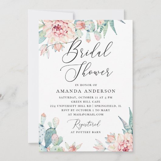 Boho Bruidsfeest | Waterverf Cactus Bloemen Kaart (Voorkant)