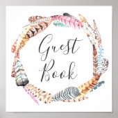 Boho bruiloek gastenboek. Waterverf veer krans Poster (Voorkant)