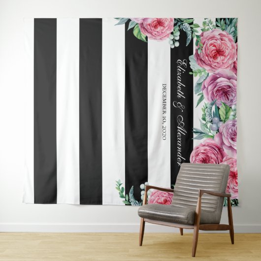 Boho bruiloft achtergrond. Roze bloemen achtergron Wandkleed (In Situ (horizontaal))