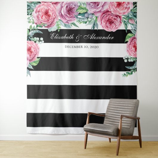 Boho bruiloft achtergrond. Roze bloemen achtergron Wandkleed (In situ)