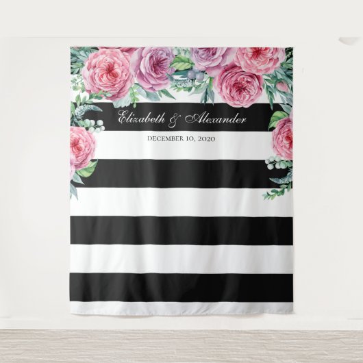 Boho bruiloft achtergrond. Roze bloemen achtergron Wandkleed (Voorkant)