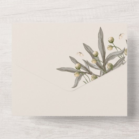 Boho Bruiloft Beige Botanisch All In One Uitnodiging (Achterkant)