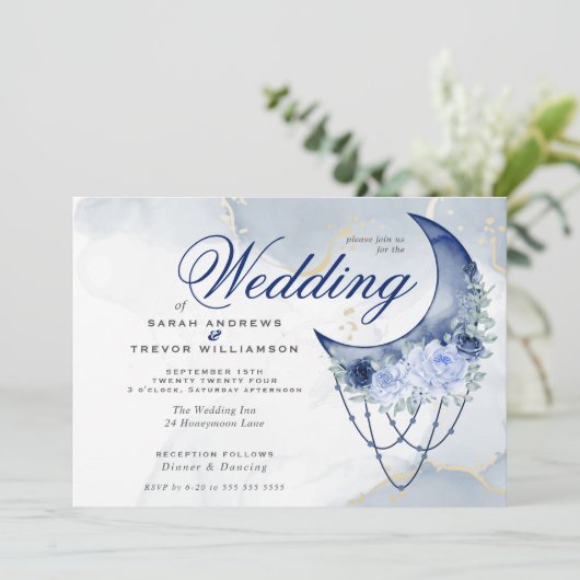 Boho Bruiloft Esoterische Marineblauwe Halve Maan Kaart (Staand voorkant)