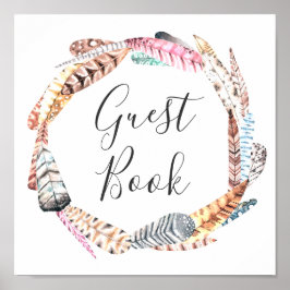 Boho bruiloft gastboek. Waterverf veer krans Poster