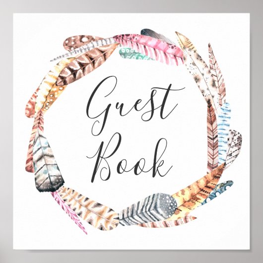 Boho bruiloft gastboek. Waterverf veer krans Poster (Voorkant)