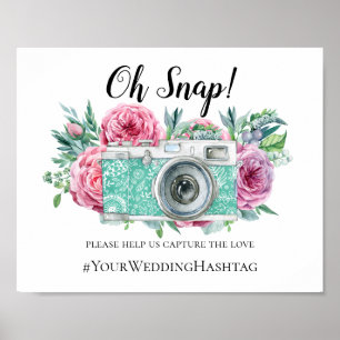 Boho bruiloft hashtag bord. Bloemen instagram prin Poster