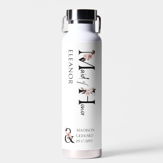 Boho Bruiloft Neutraal Bloemen Brief Maid of Honor Waterfles (Voorkant)
