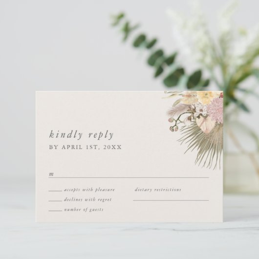 Boho Bruiloft Pampas Gras Orchidee Palm Protea RSVP Kaartje (Staand voorkant)